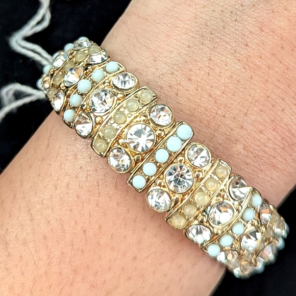 Gold White Rhinestone Beaded Bracelet Bangle Stretchable Adjustable Boho Preppy - Picture 1 of 7